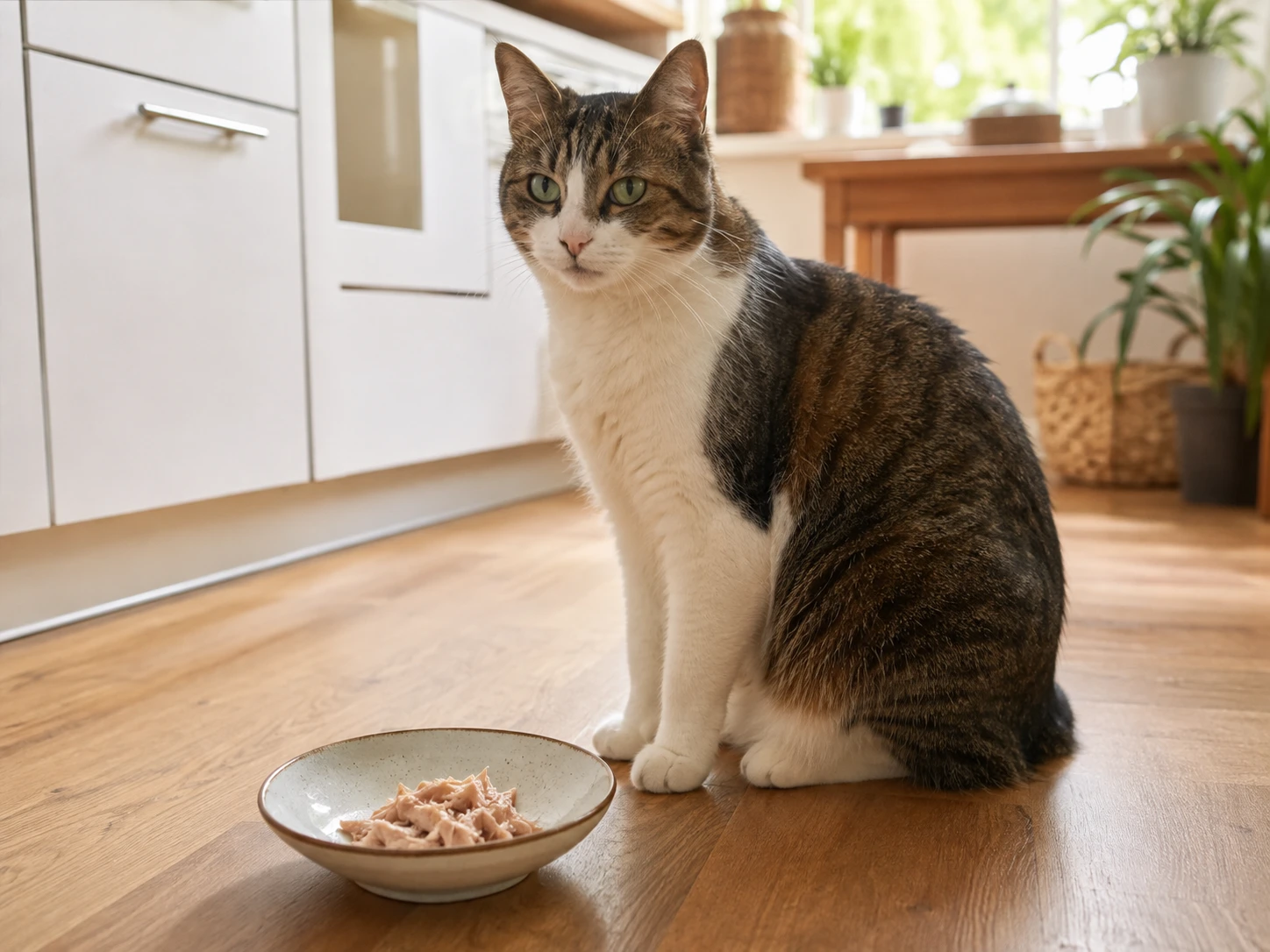 Healthy cat sitting beside a small dish of plain tuna in a bright home kitchen
