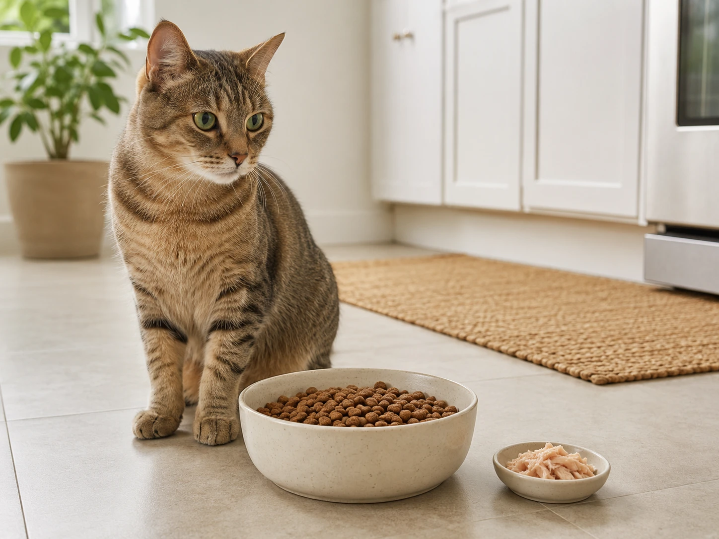 Cat beside its regular food with a smaller separate serving of plain tuna