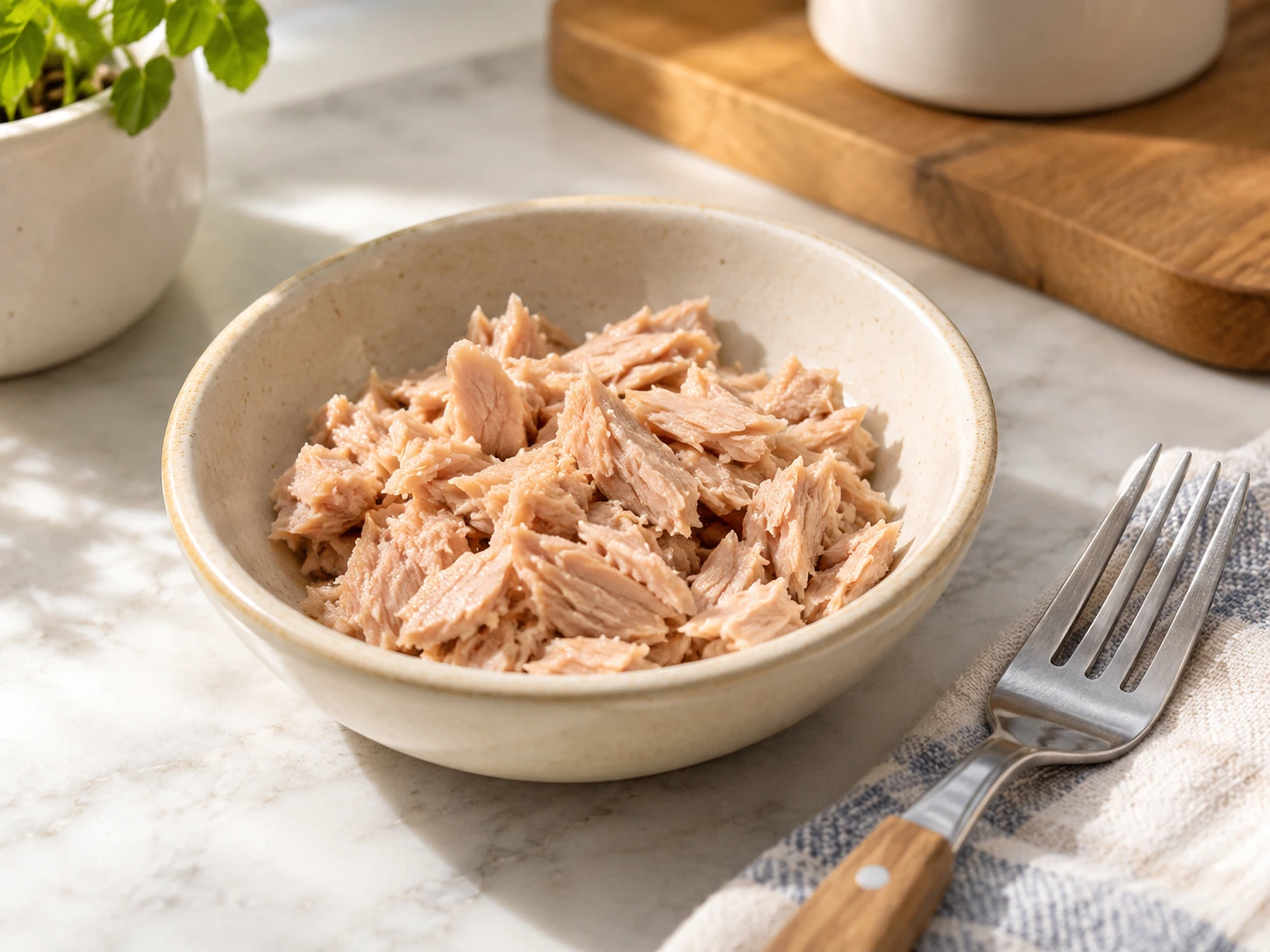 Plain cooked tuna cooling in a small dish before being offered as an occasional cat treat
