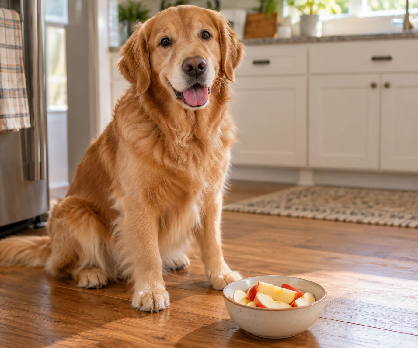 Dog sitting beside a small bowl of fresh apple slices prepared as a treat