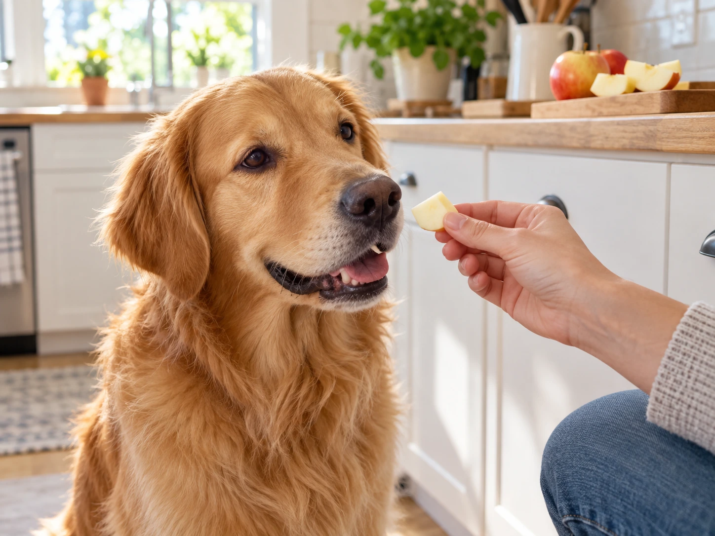 Dog being offered a small seedless piece of fresh apple