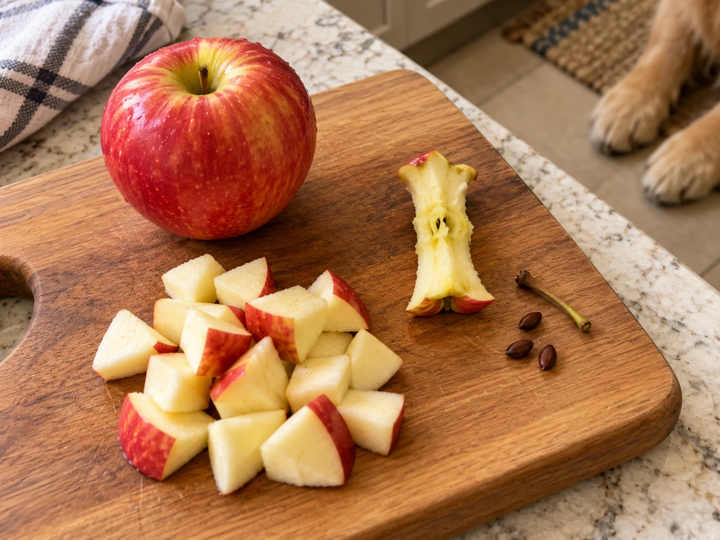 Apple prepared for a dog with the core, seeds, and stem removed