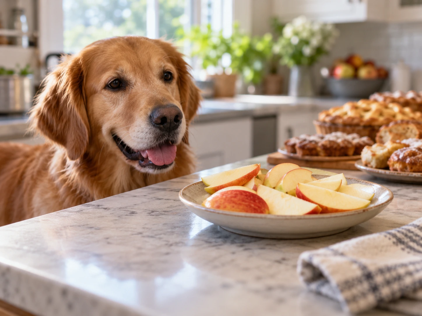 Fresh apple slices prepared for a dog with processed apple desserts kept separate