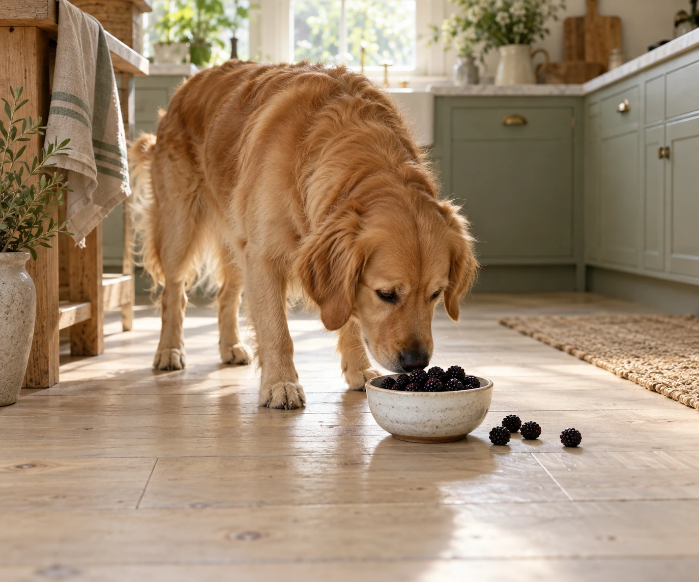 A curious dog sniffing a small bowl of fresh blackberries on a kitchen floor beside a few loose berries.