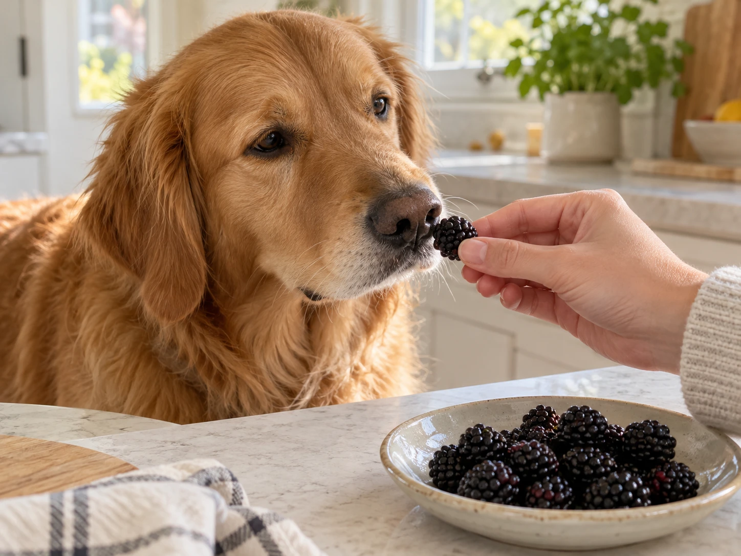 A dog investigating washed blackberries offered by hand beside a small plate.