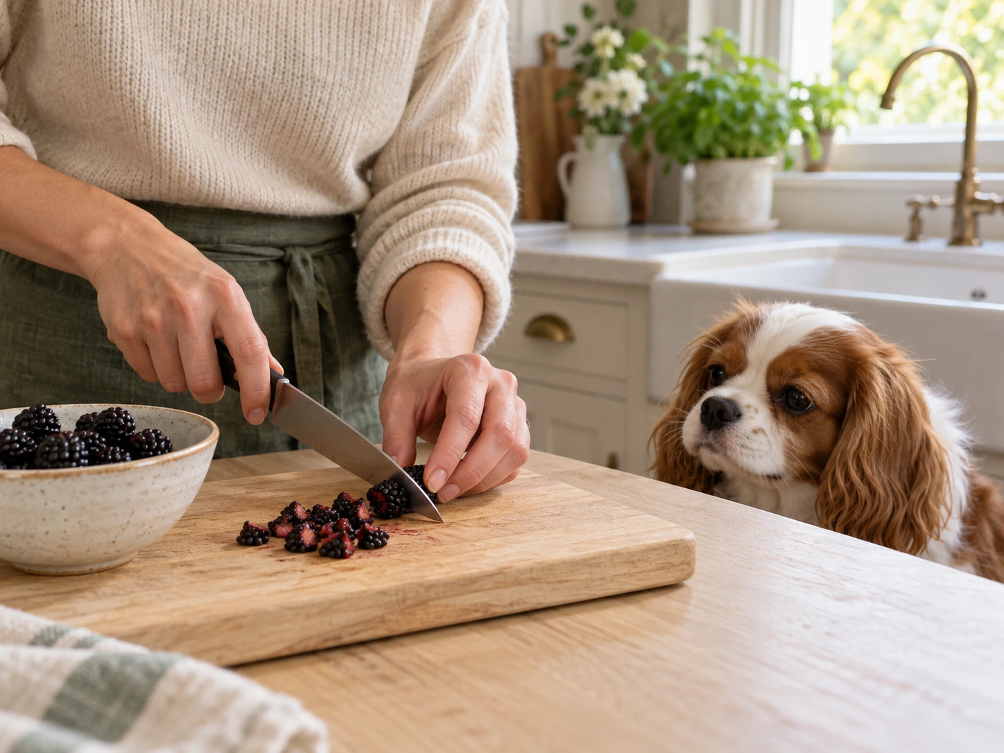 A person cutting a washed blackberry into small pieces before offering it to a small dog.