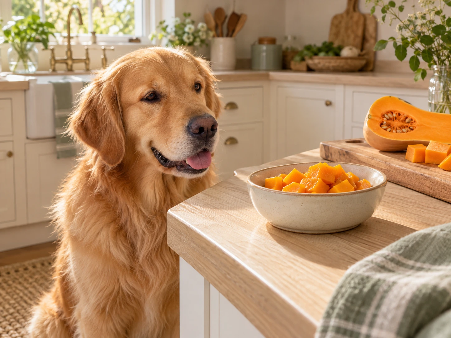 Golden retriever sitting beside a kitchen counter with a bowl of plain cooked butternut squash cubes and a halved fresh squash.