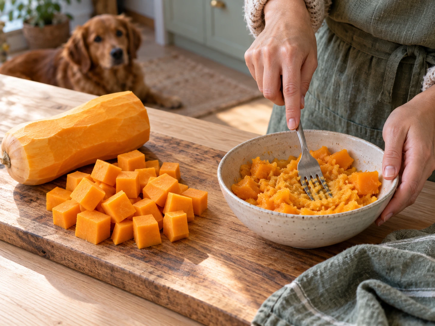 Raw butternut squash cubes beside a bowl of soft cooked squash being mashed with a fork.