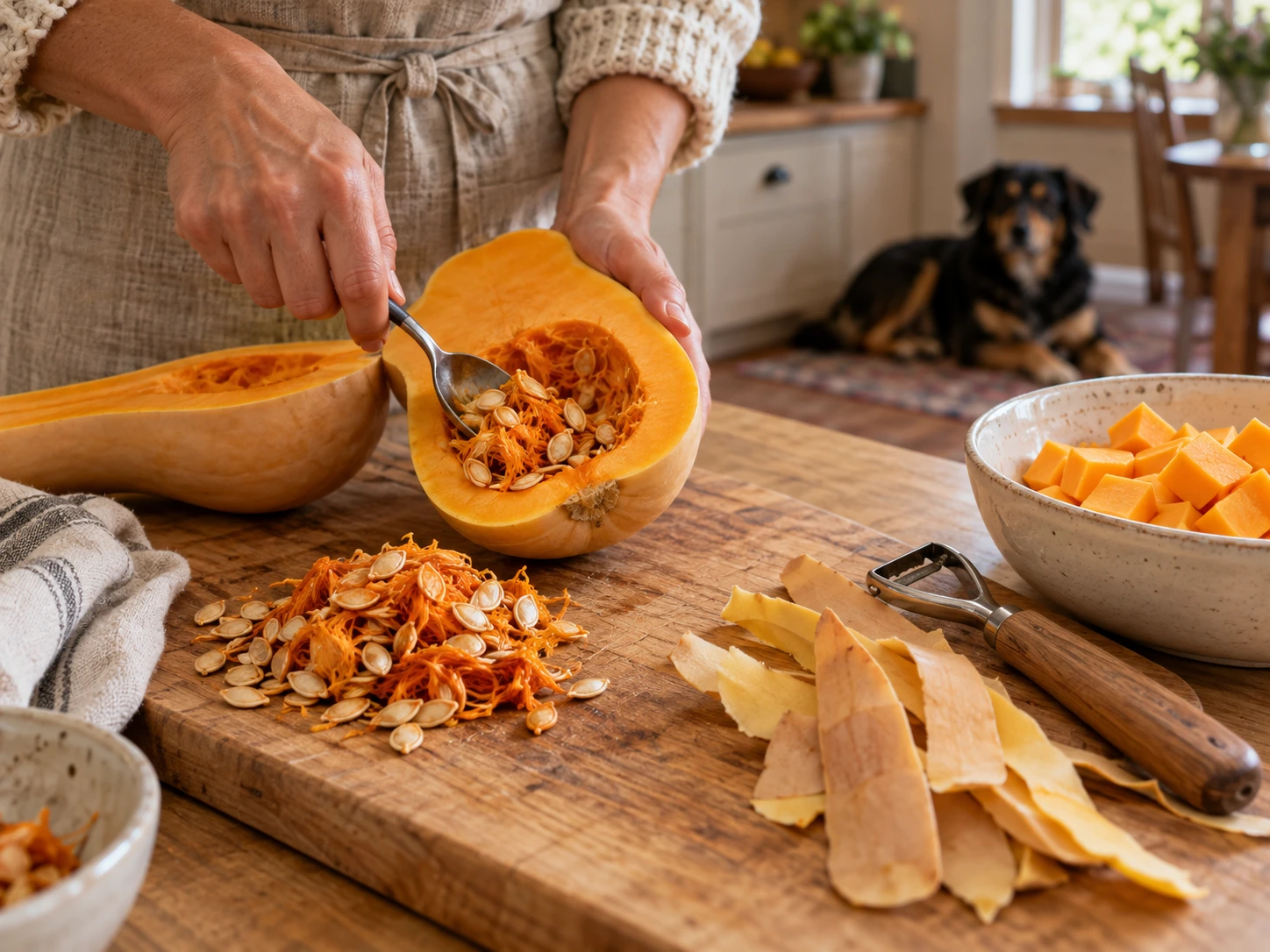 Hands removing seeds and stringy fibers from a halved butternut squash before preparing the peeled flesh for a dog.