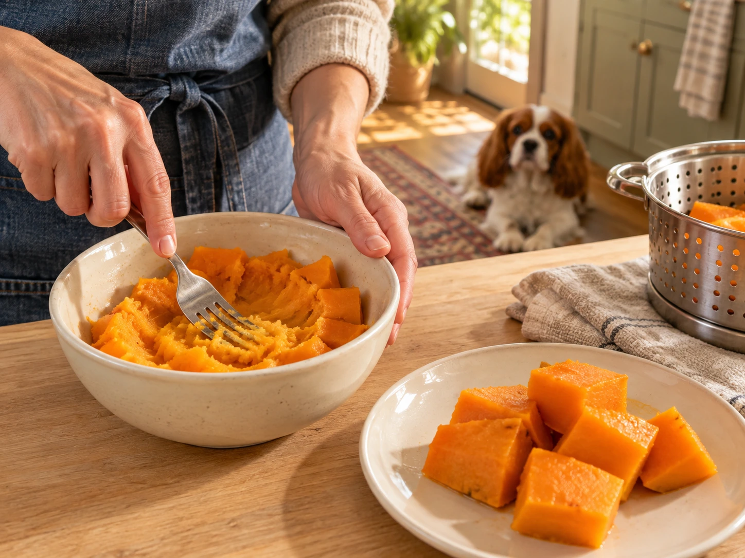 Person mashing plain steamed butternut squash in a ceramic bowl while a spaniel waits nearby.