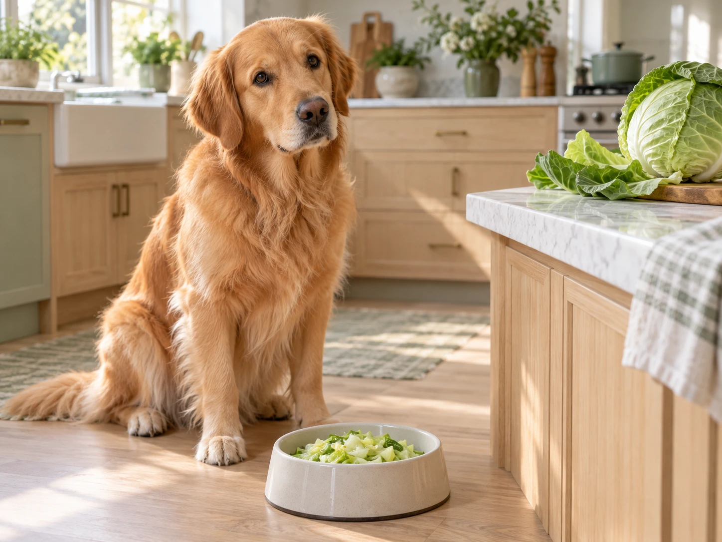 Curious golden retriever beside a small ceramic bowl of finely chopped steamed green cabbage in a bright home kitchen