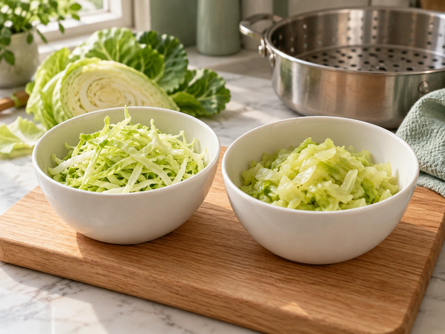 Small bowls of finely shredded raw cabbage and tender chopped steamed cabbage prepared plain for dogs