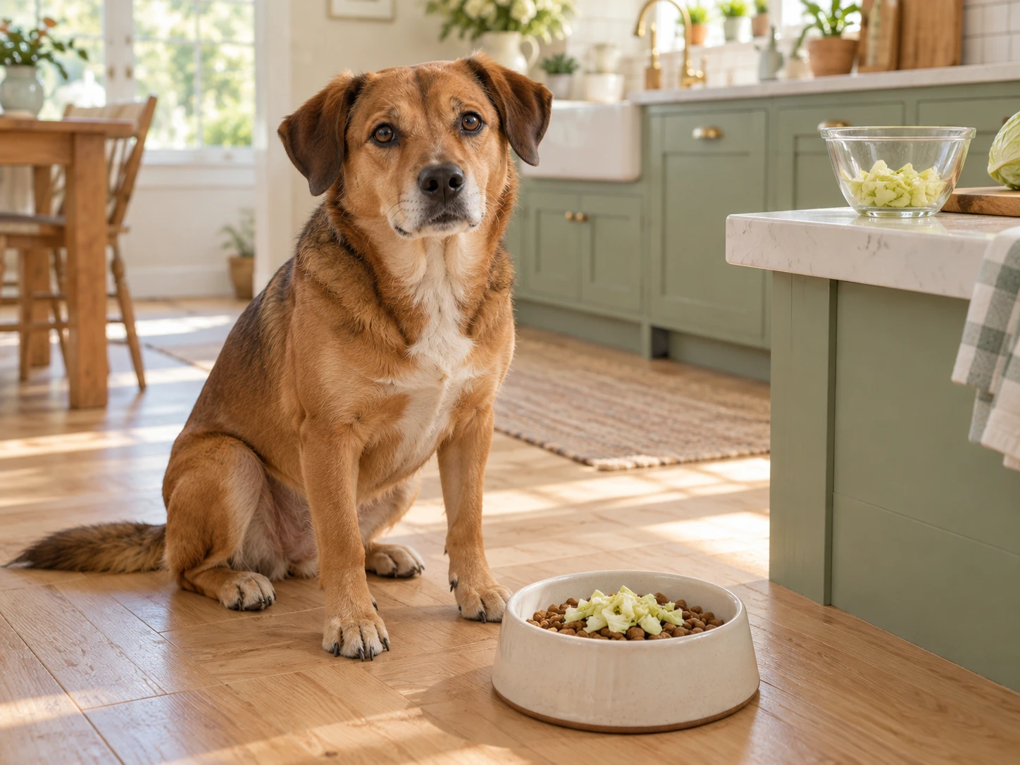 Medium-sized dog waiting beside its regular food topped with a small amount of finely chopped steamed cabbage