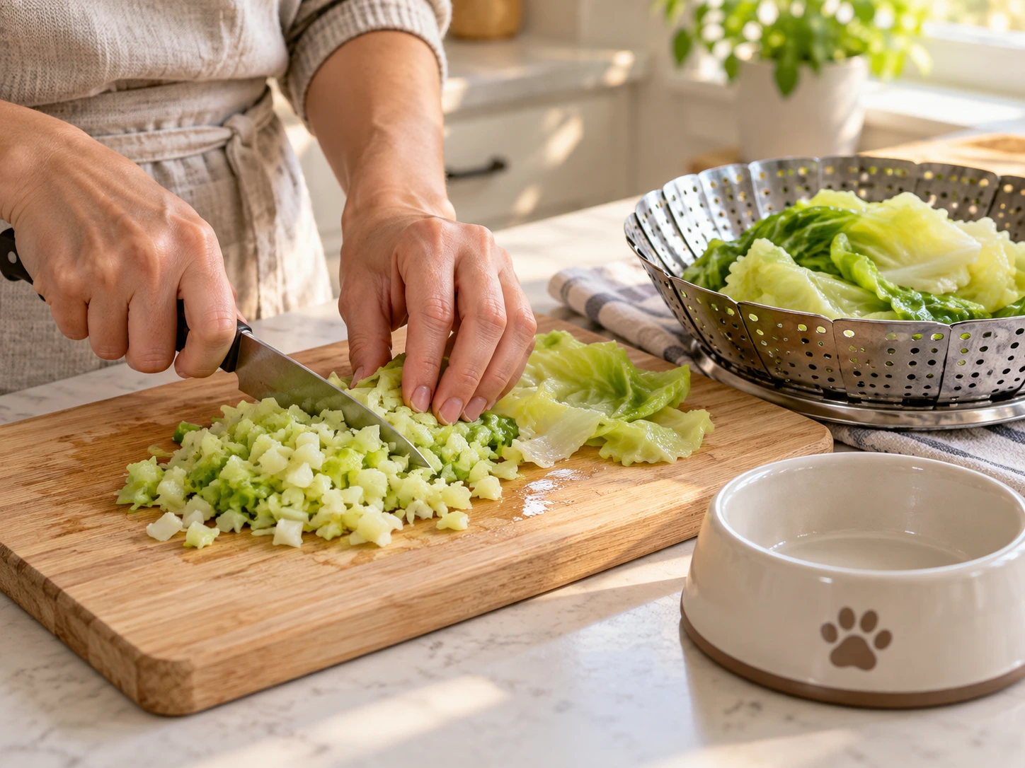 Hands finely chopping plain steamed cabbage into small pieces beside a dog bowl in a home kitchen