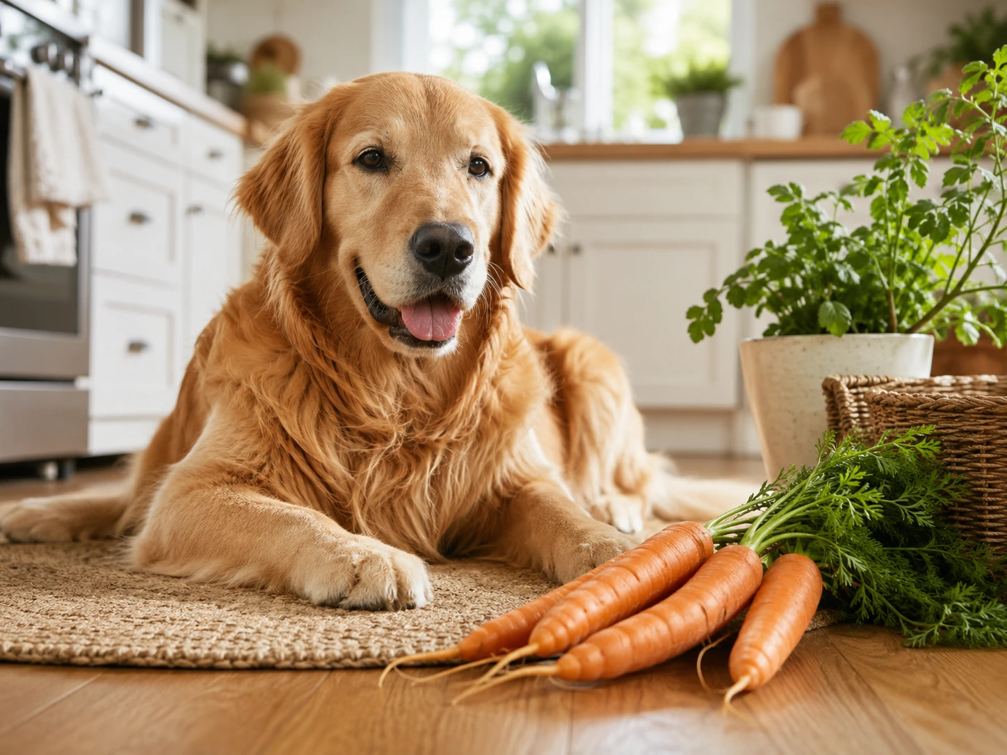 A happy dog sitting beside fresh carrots on a kitchen surface