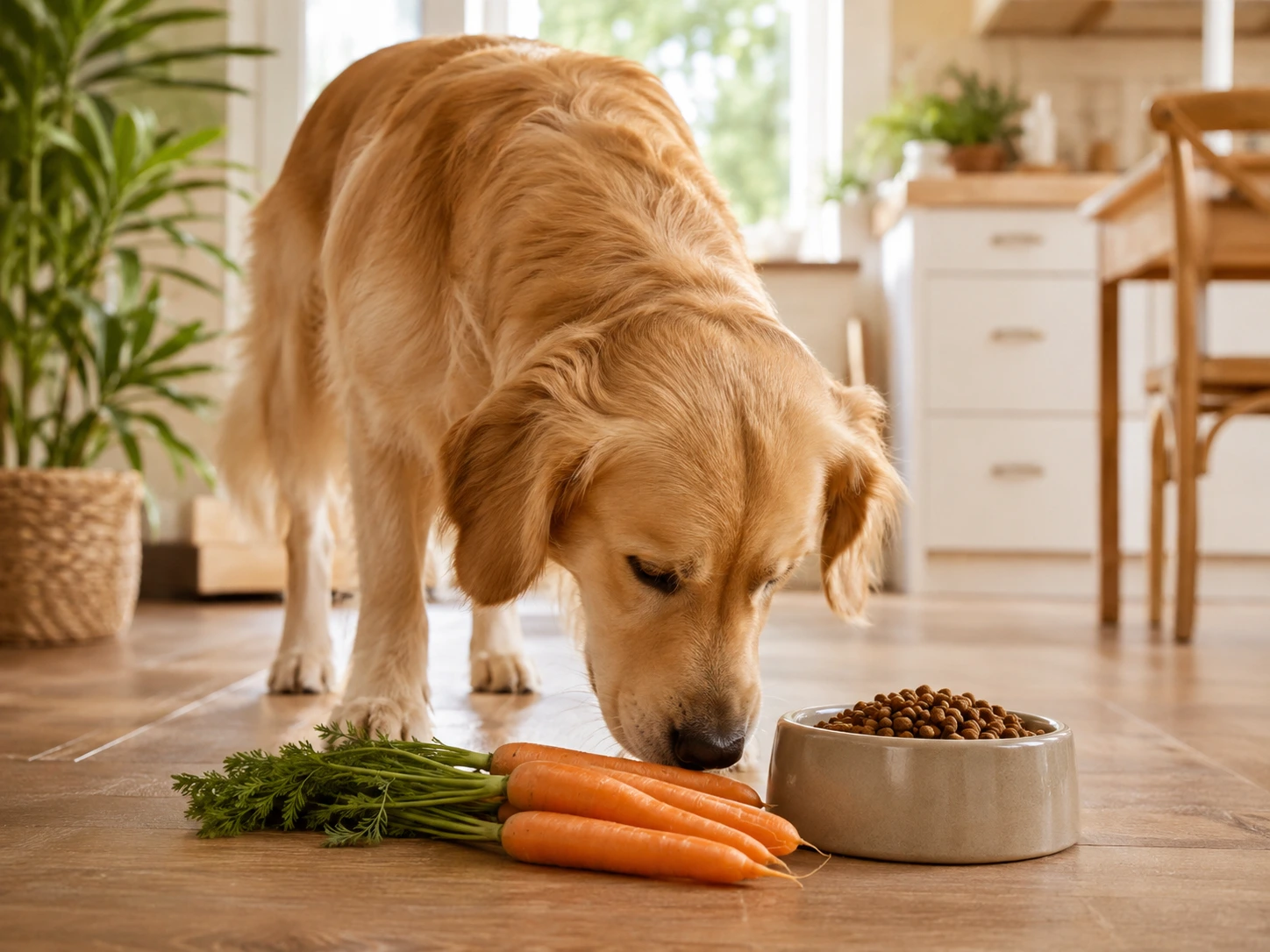Dog looking at fresh carrots beside a food bowl
