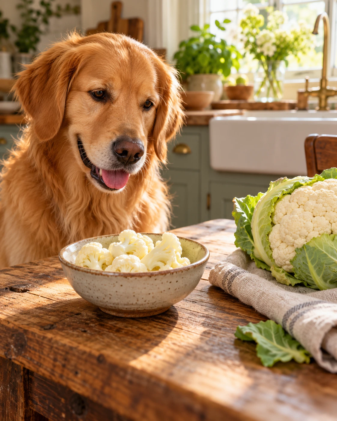 Golden retriever sitting patiently beside a wooden kitchen table with a bowl of fresh cauliflower florets.