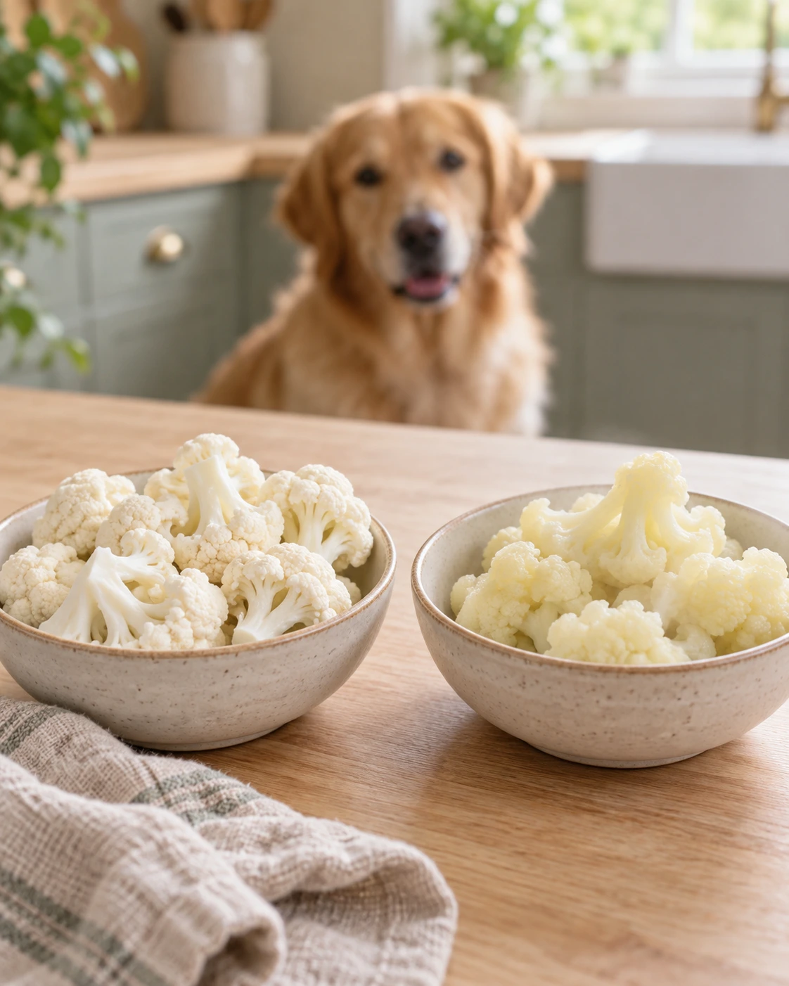 Two bowls containing raw and plain steamed cauliflower, with a dog waiting quietly in the background.