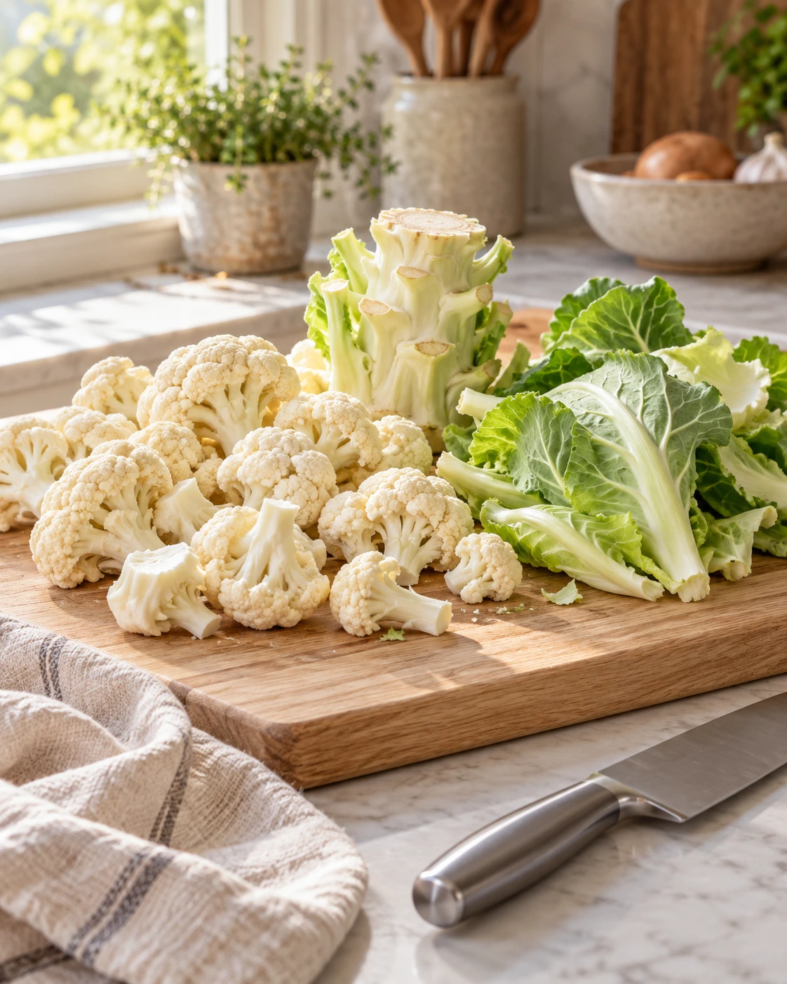 Fresh cauliflower separated into florets, green leaves, and the thicker central stem on a wooden cutting board.