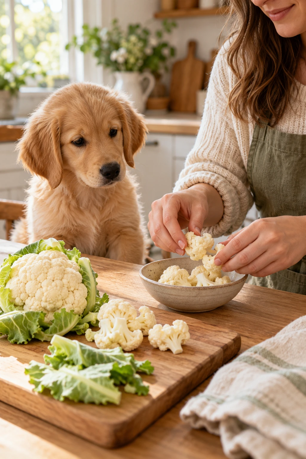 Young golden retriever puppy watching its owner prepare a small dish of plain cauliflower in a bright kitchen.