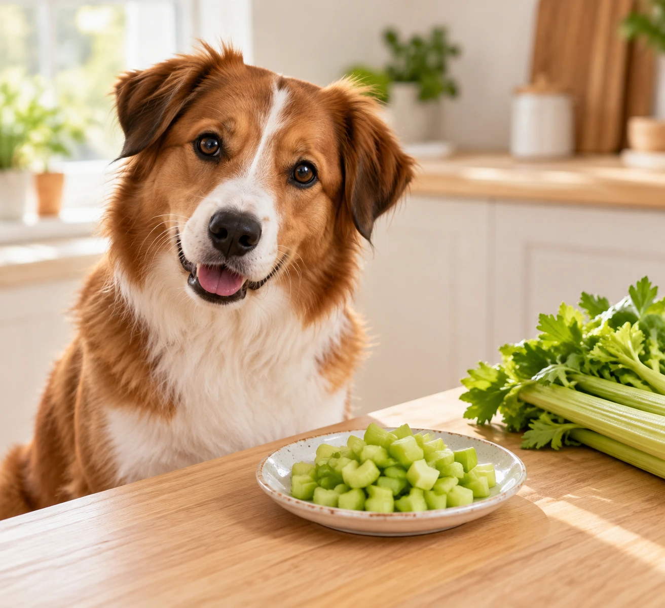 A curious brown and white dog sniffing small pieces of fresh celery on a clean kitchen surface.