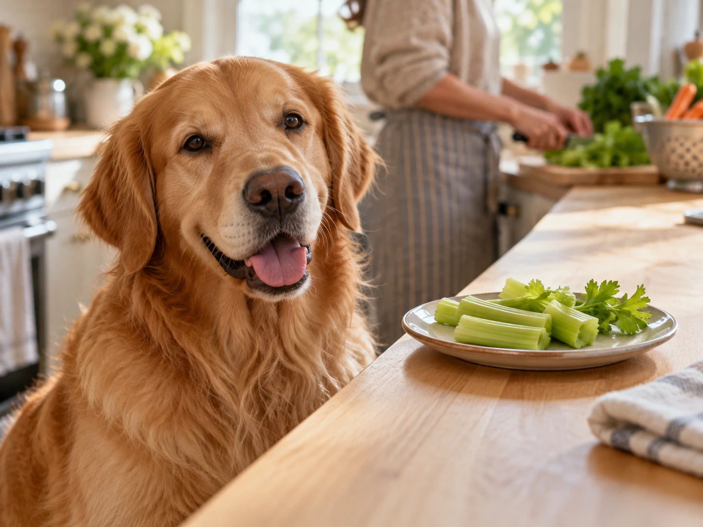 Golden retriever sitting beside a plate of freshly prepared celery.