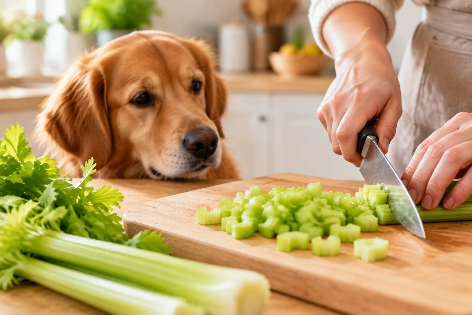 Raw celery being cut into small pieces for a dog.