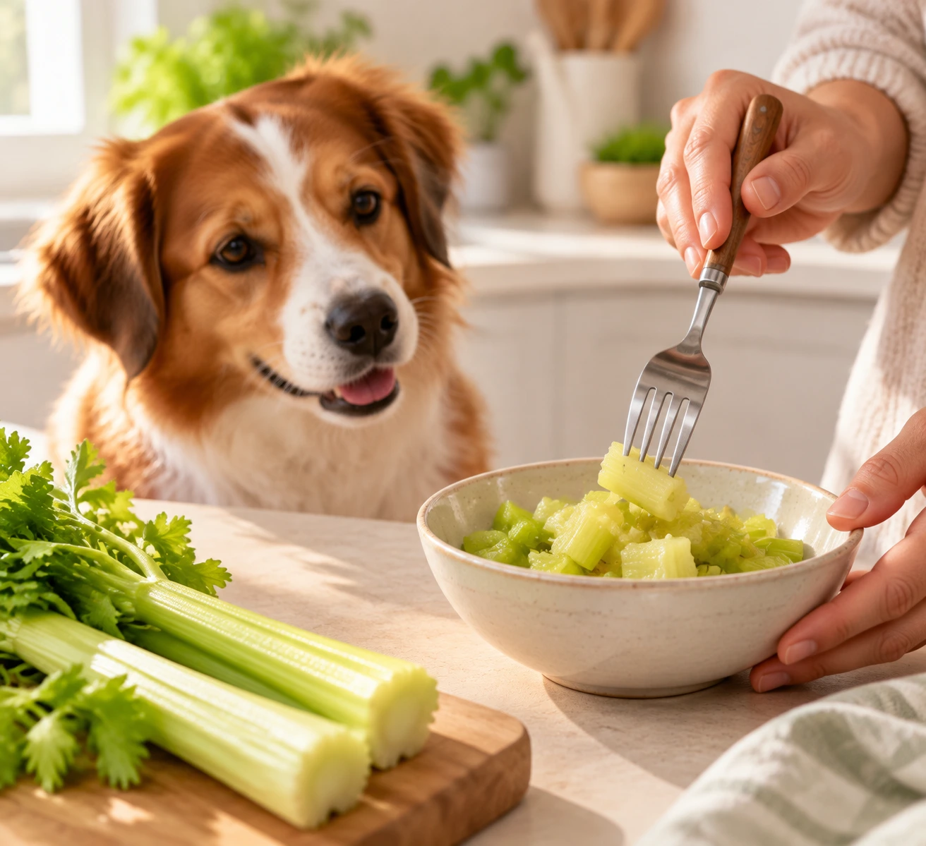 Plain cooked celery pieces cooling in a small bowl before being served to a dog.