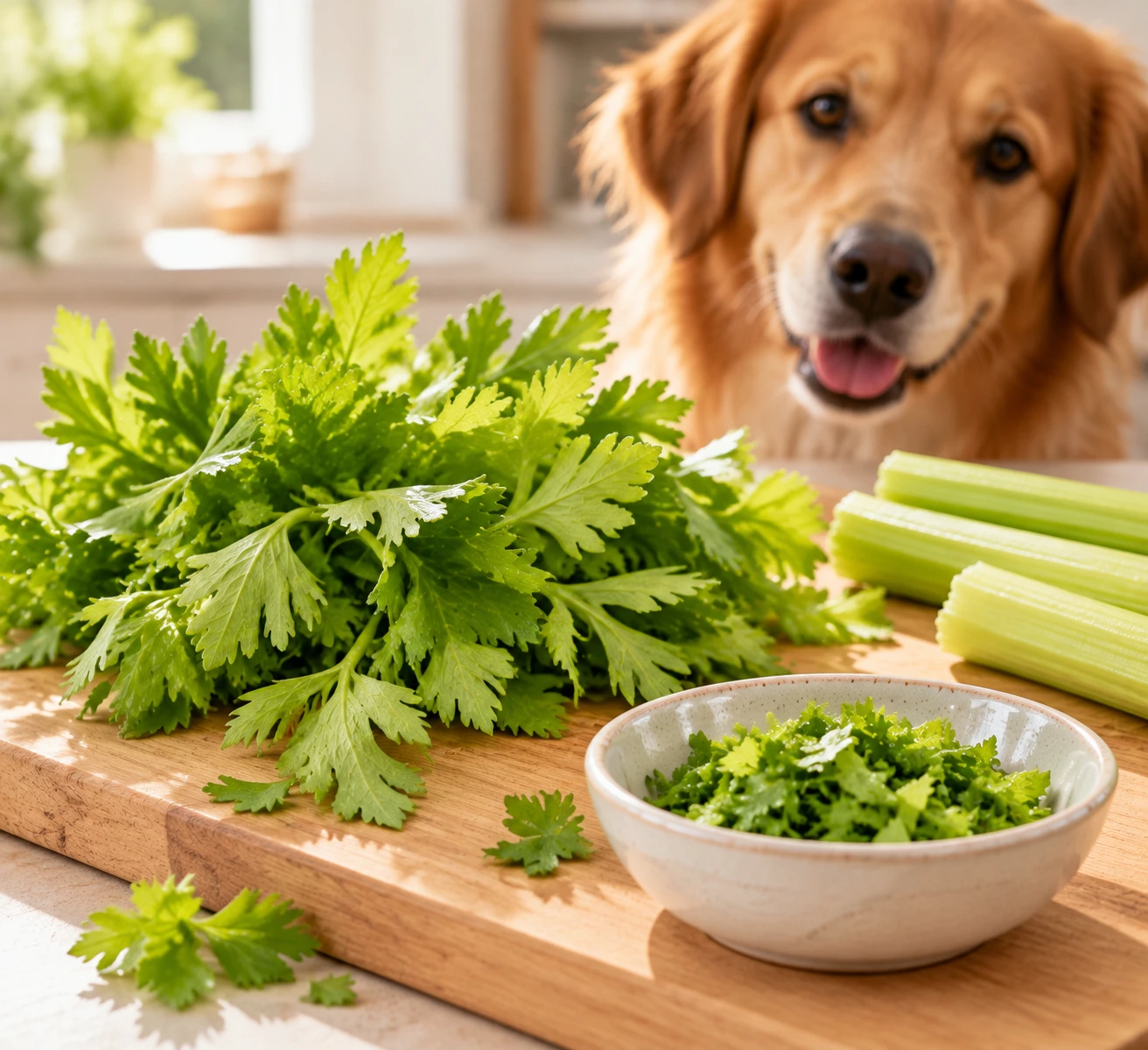 Fresh celery leaves and finely chopped pieces prepared in a small dish.