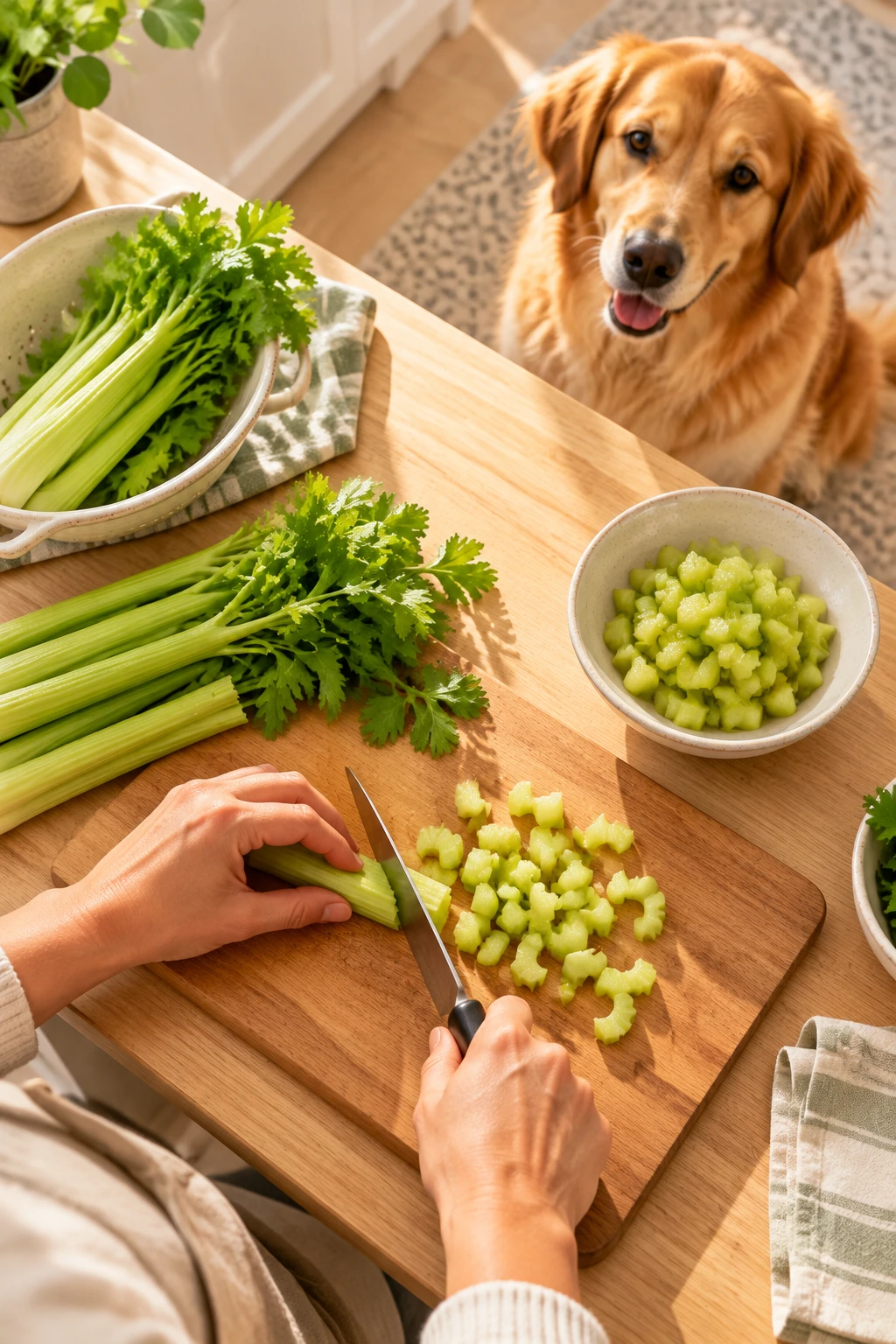 Washed celery stalks and small prepared pieces on a kitchen cutting board.