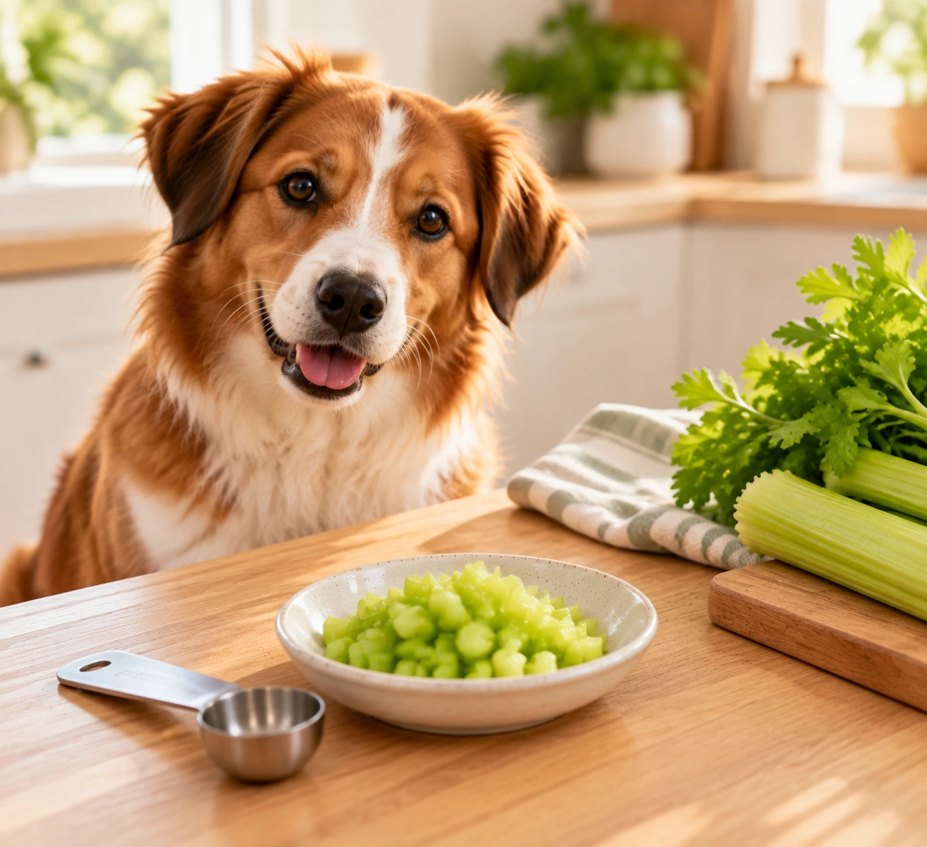 A small portion of chopped celery prepared as an occasional dog treat.