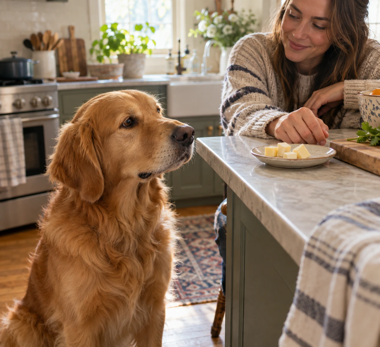 Dog sitting beside a small plate with a few plain pieces of cheese in a bright home kitchen