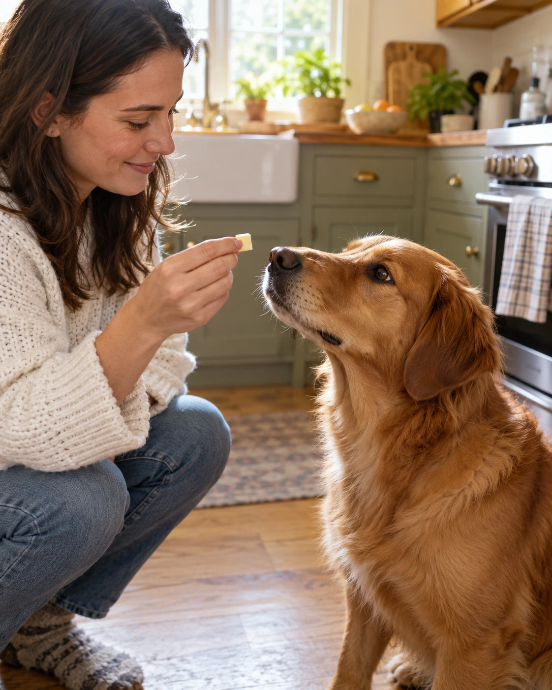 Owner offering a dog a small plain piece of cheese