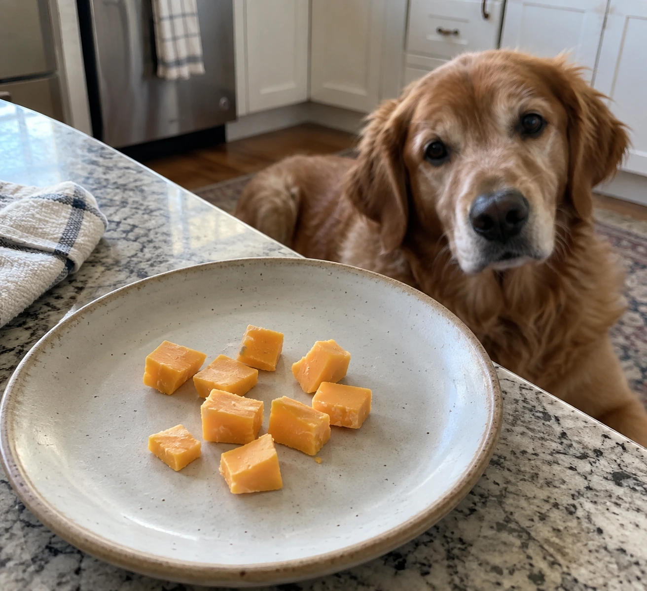 Small pieces of plain cheddar prepared as occasional dog treats