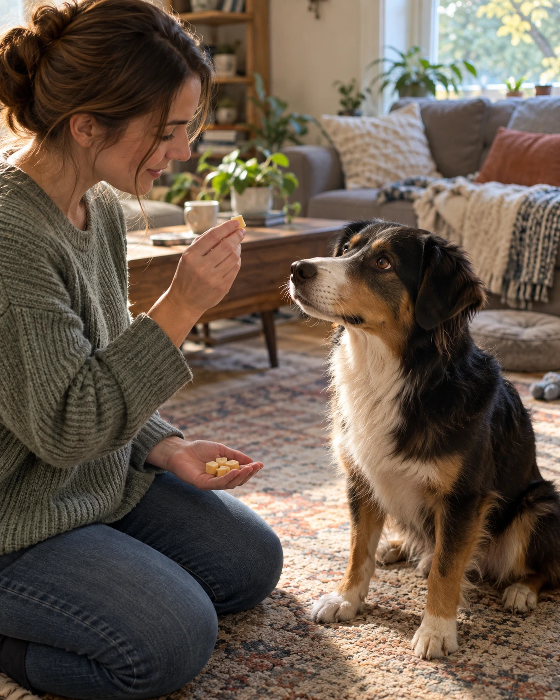 Dog owner using tiny pieces of plain cheese during training