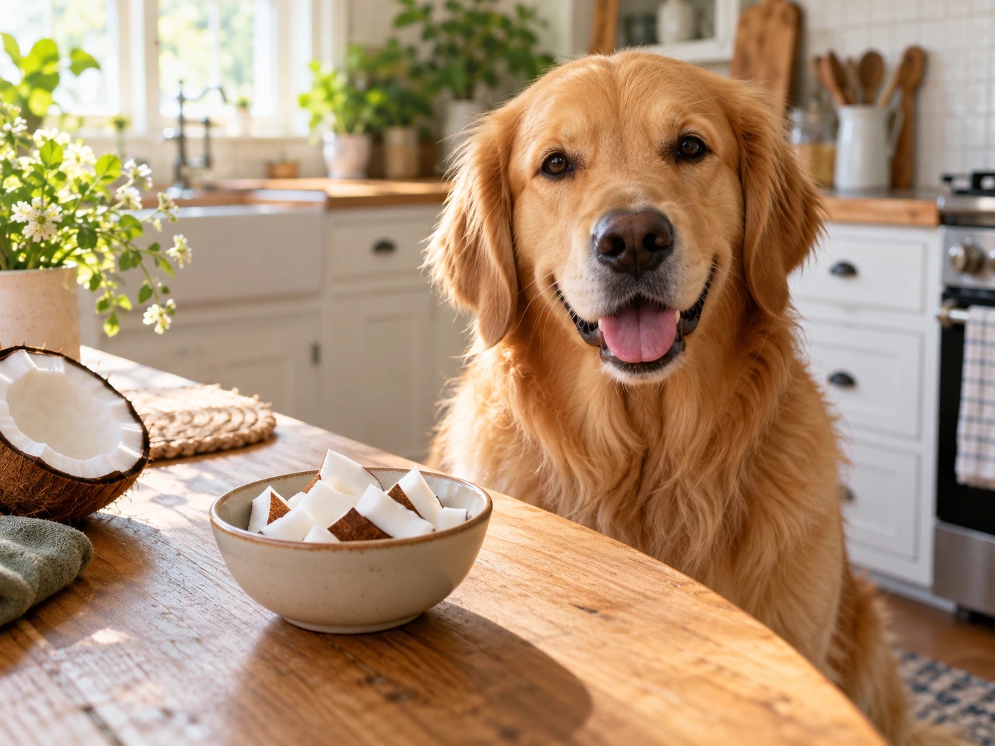 Dog sitting beside a bowl of fresh coconut pieces in a bright kitchen