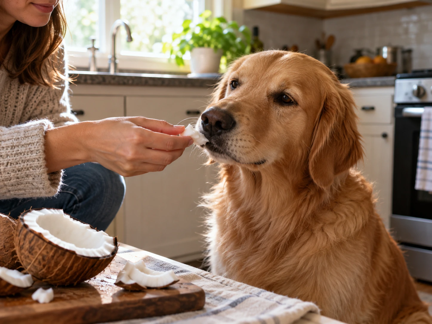 Owner offering a small piece of coconut meat to a dog