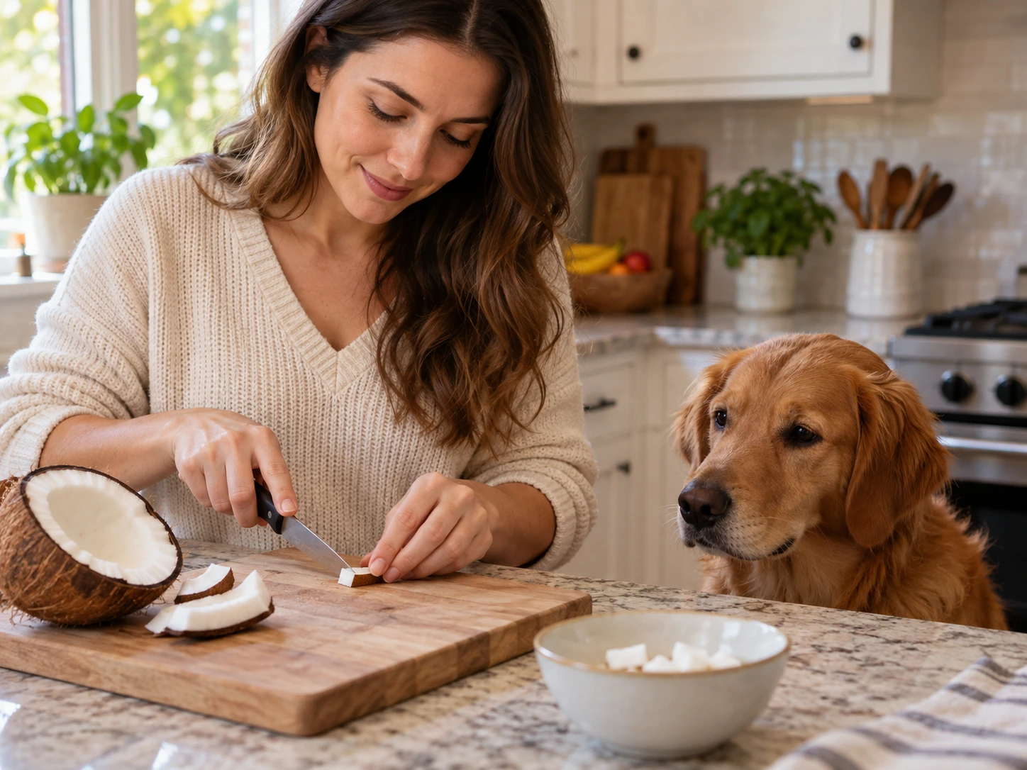 Owner preparing a small coconut piece for a dog
