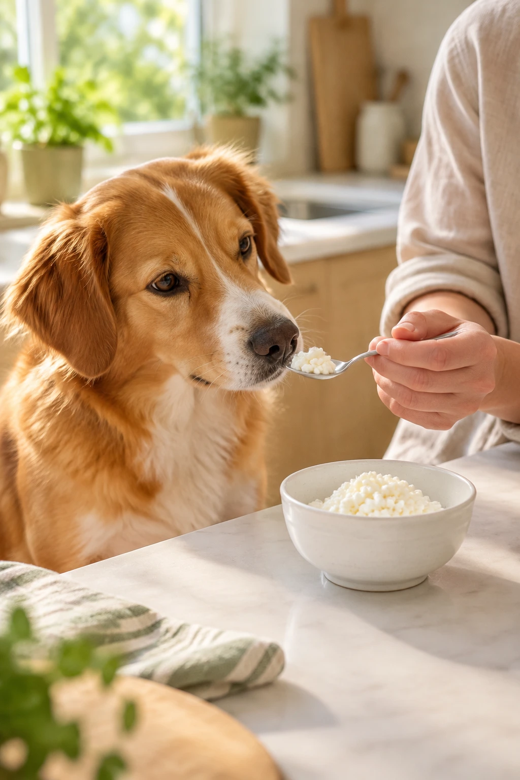 A curious dog sitting beside a small bowl of plain cottage cheese on a kitchen counter