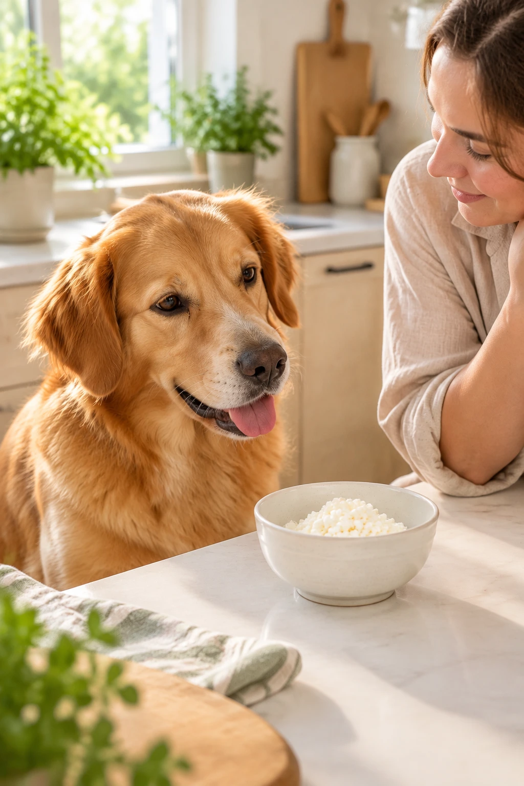 Golden retriever beside a small bowl of plain cottage cheese in a bright home kitchen