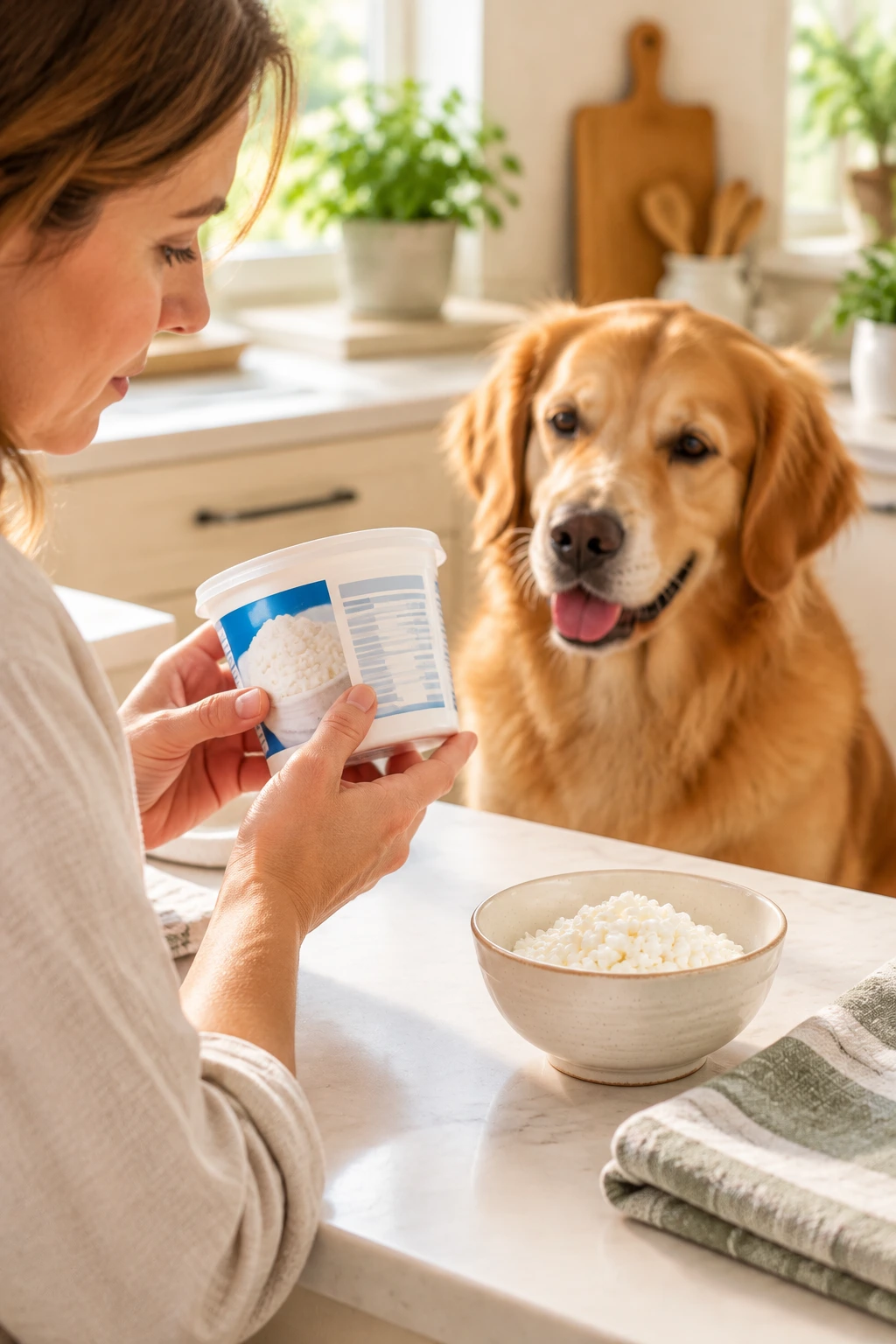 Pet owner checking a cottage cheese container before sharing a small amount with a dog