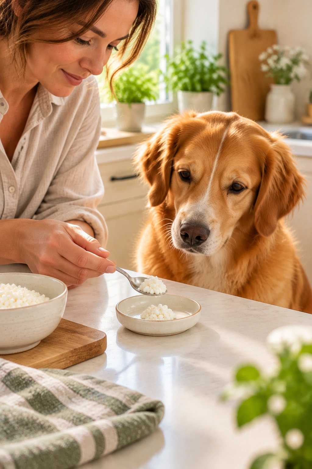 A small portion of plain cottage cheese served to a dog on a ceramic dish
