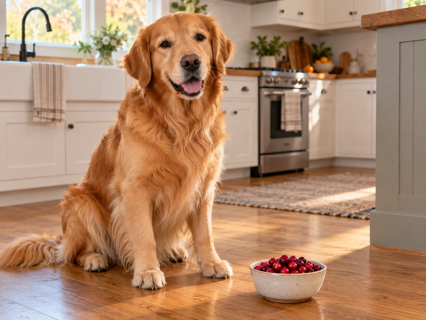A dog sitting beside a small bowl of fresh cranberries on a bright kitchen floor