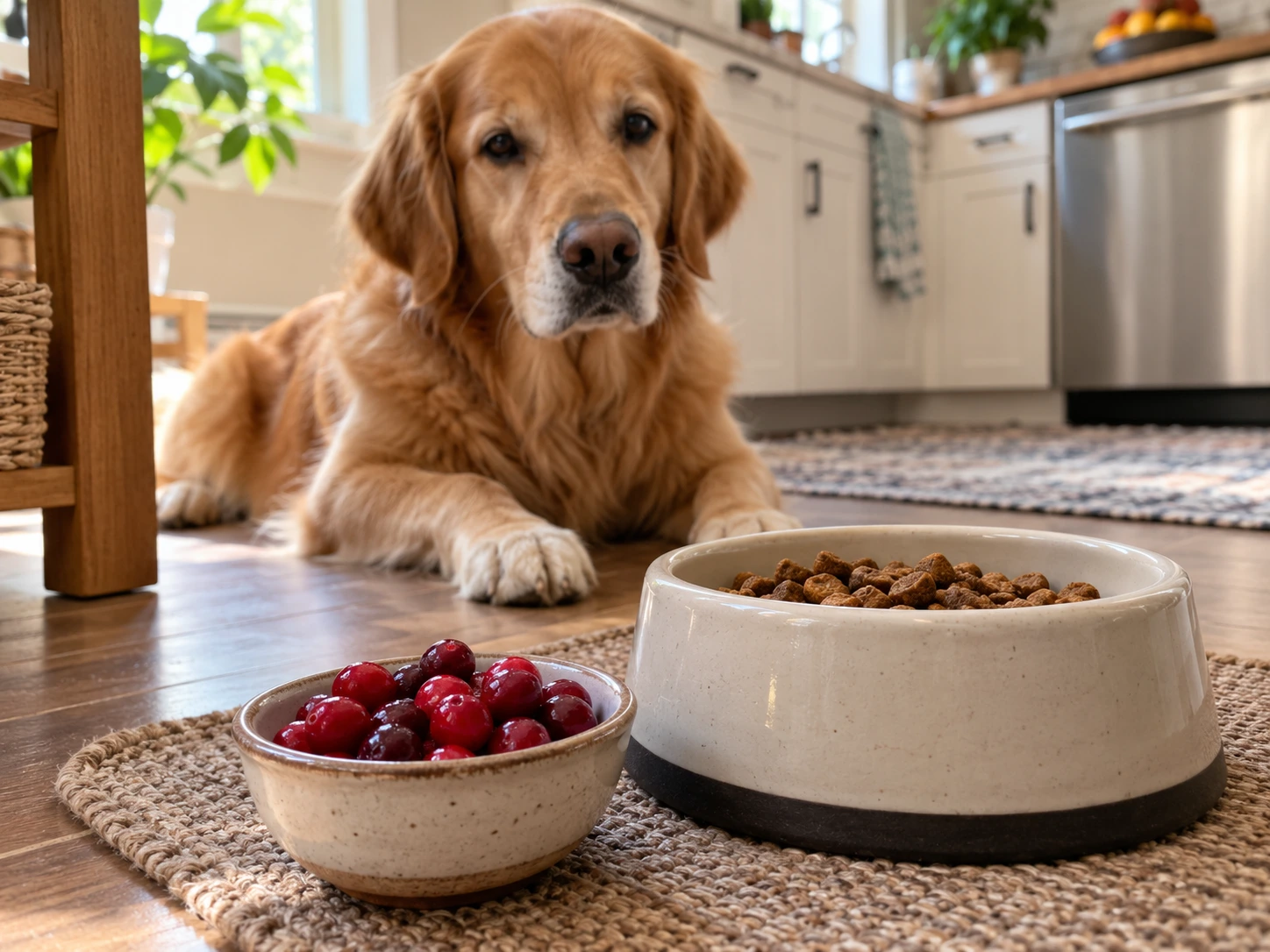Fresh washed cranberries beside a dog's regular food bowl