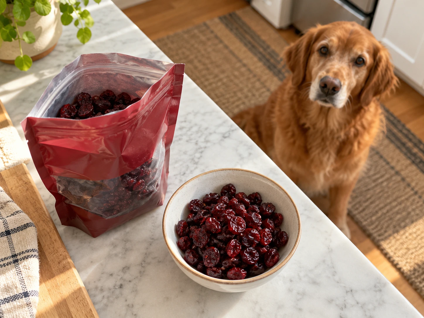 Plain dried cranberries in a small dish with a dog waiting nearby