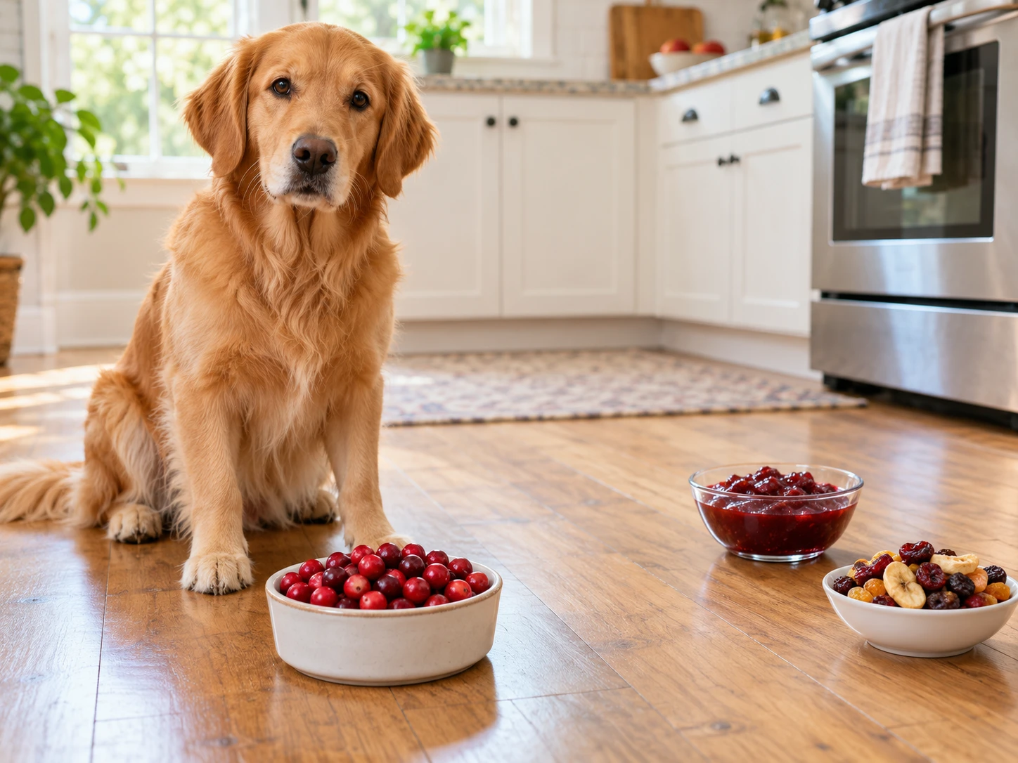 A dog near plain cranberries with cranberry sauce and mixed dried fruit kept separate