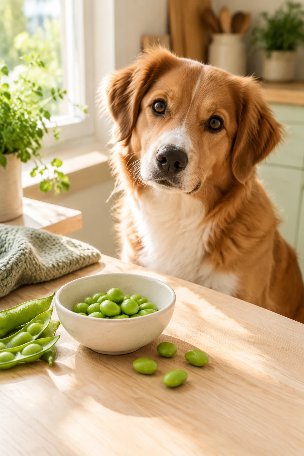 A curious dog sitting beside a small bowl of shelled, cooked edamame beans on a kitchen counter.