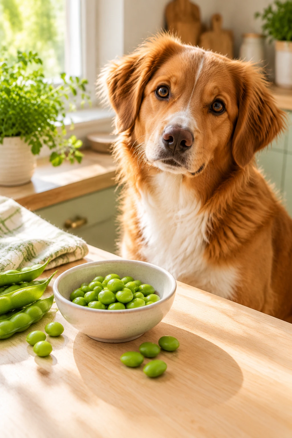 A dog beside a dish of plain cooked edamame beans.