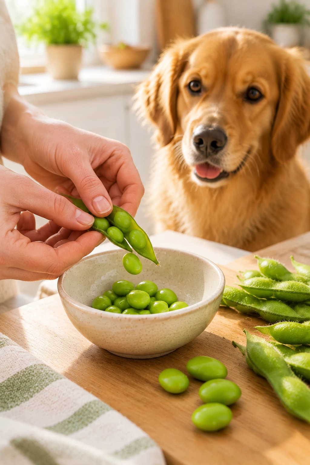 Plain cooked edamame beans being shelled in a home kitchen.