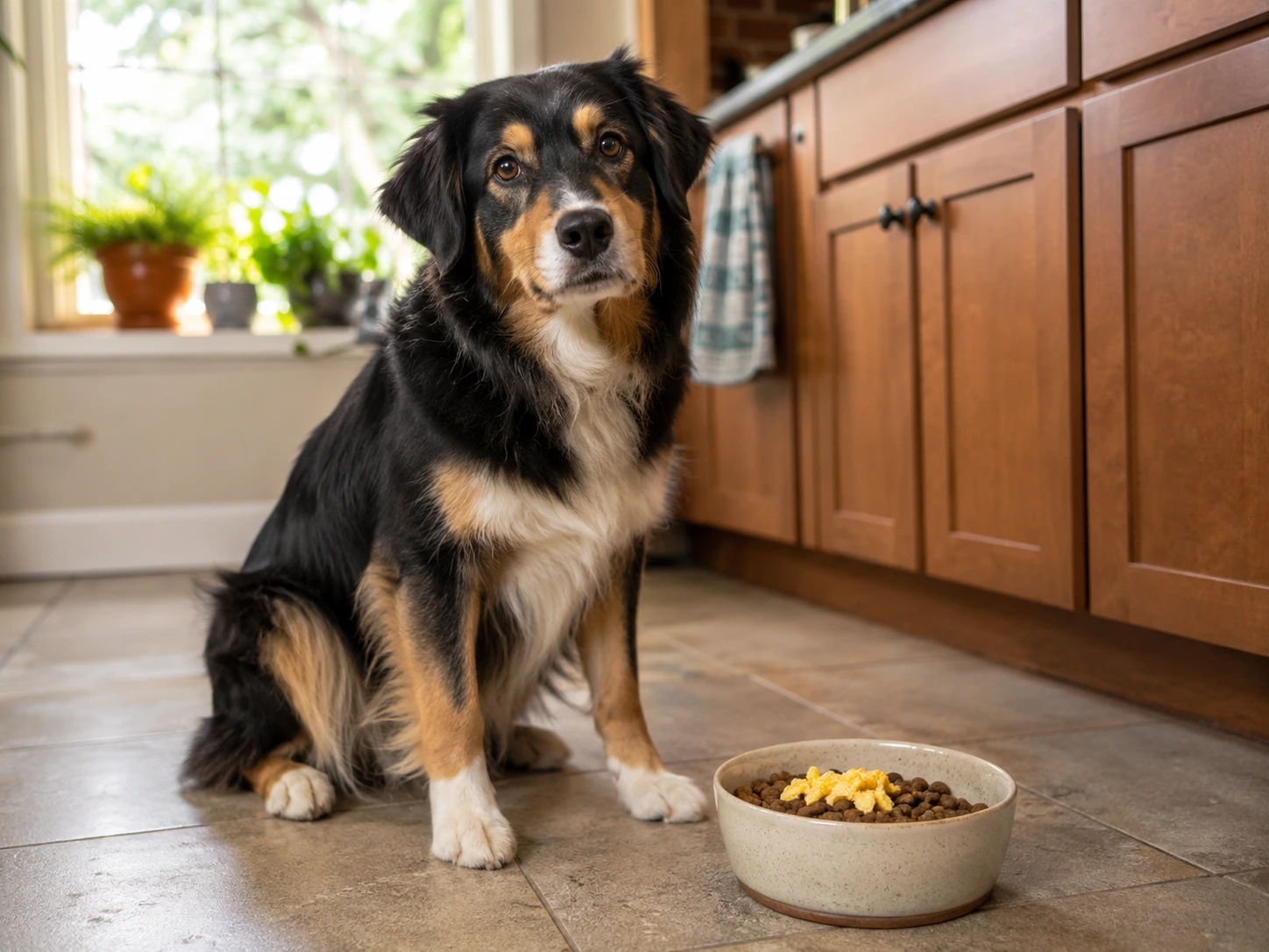 Dog sitting beside a bowl of plain cooked egg served with its regular food